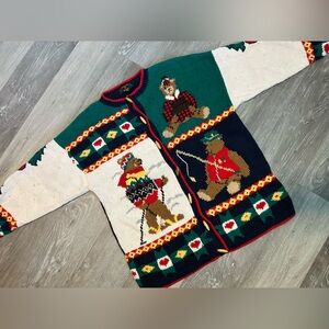 Vintage Design Options Christmas Bears Camping Womens Cardigan Sweater XL